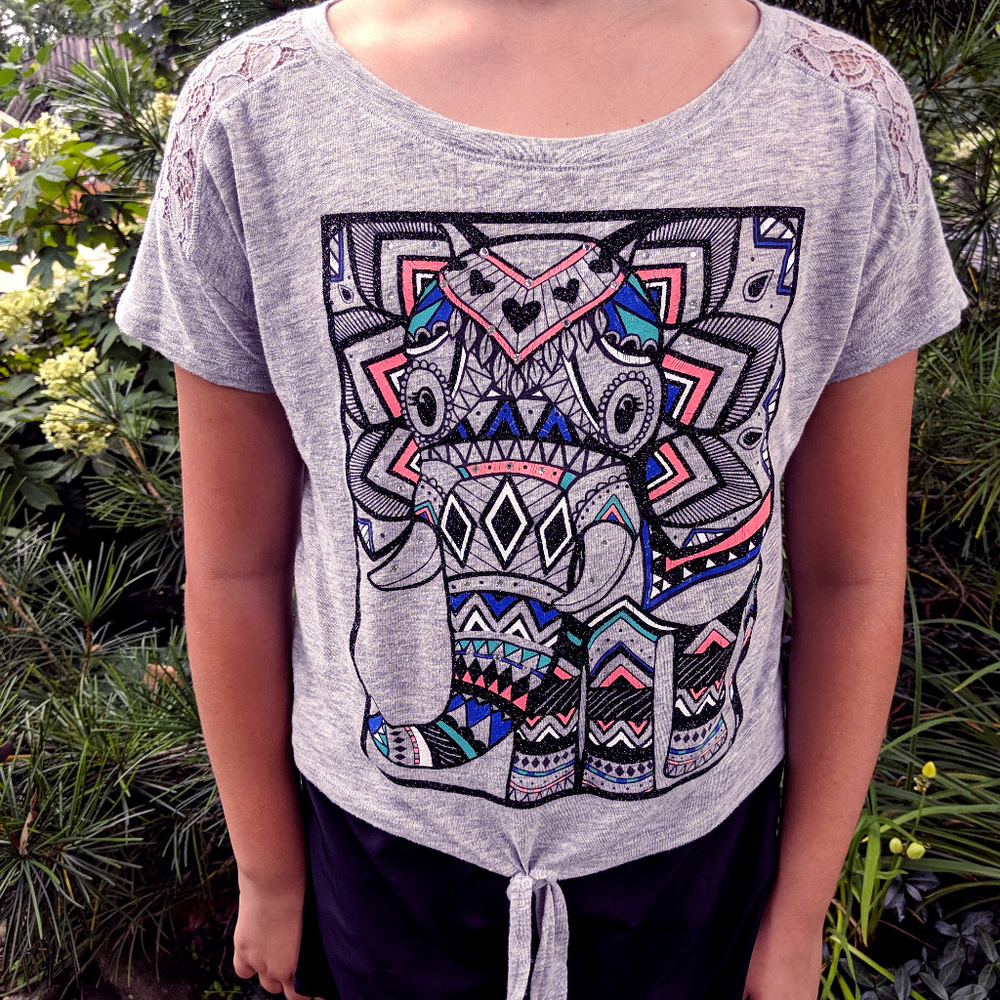 Girl's Justice Gray Lace Shirt with Elephant Motif